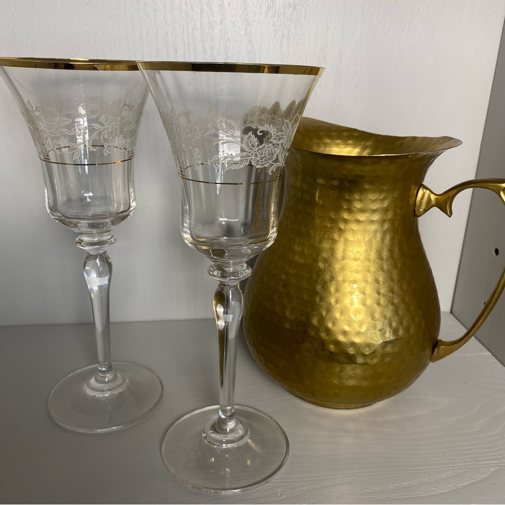 Vintage Mikasa Antique Lace floral gold trim wine glasses goblets toasting cups